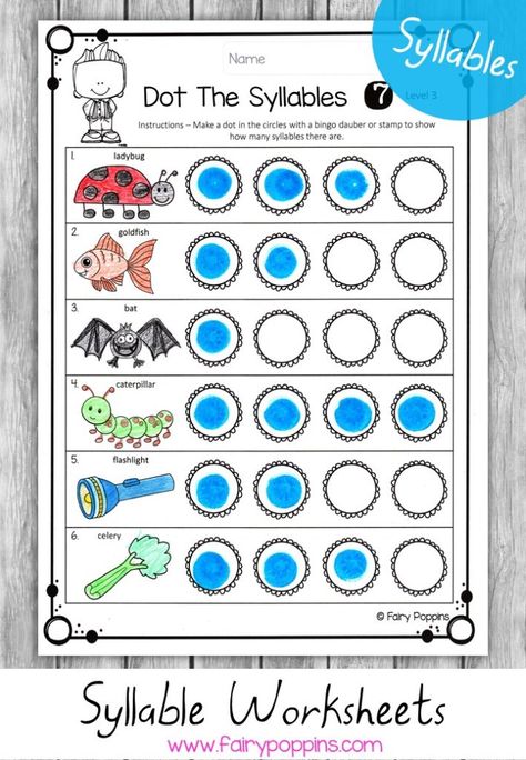 Dot the number of syllables- this could be uses as a fast pre or post assessment to see what students already know! Syllables Kindergarten, Fairy Poppins, Teaching Syllables, Syllable Games, Phonemic Awareness Games, Counting Syllables, Syllables Activities, Multisyllabic Words, Literacy Centers Kindergarten