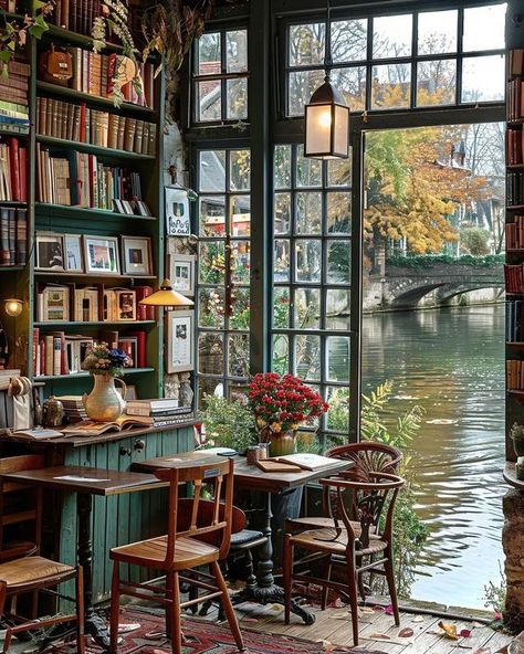 Beautiful Cafe Design, Beautiful Shop Interiors, Coffee Shop Inspiration, Book Cafe Ideas, Book Cafes, Fall Cafe, Book Village, Coffee Cafe Aesthetic, Autumn Cafe