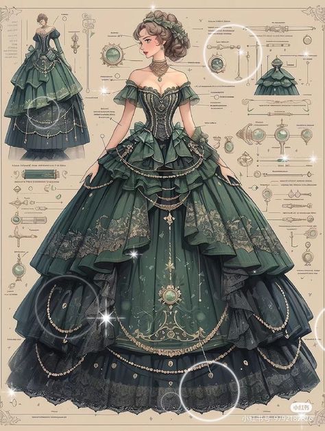 Royale Outfits Ideas, Green Royal Dress, Queen Dress Drawing, Villain Dresses, Rococo Dress, Dreamy Gowns, Dress Design Drawing, Stickers Aesthetic, Old Fashion Dresses