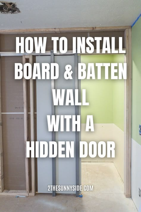 Built In Hidden Storage Wall, Board And Batten Secret Door, Hidden Pocket Doors In Walls, Wainscoting Hidden Door, Hidden Storage Wall Living Room, Hidden Closet Behind Bed, How To Hide A Door In Living Room, Hidden Pocket Door, Hidden Door Ideas In Wall