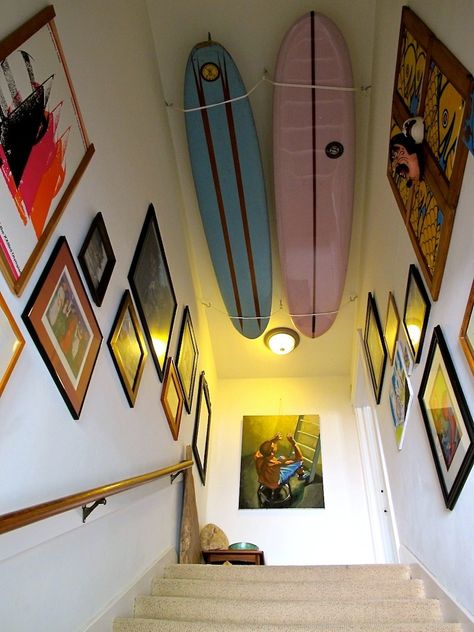 surboarc ceiling art 15 Surfboard Ceiling, Bachelor Apartment, Surfboard Storage, Bachelor Apartments, Surfboard Coffee Table, Surfboard Rack, Surf Room, Surfboard Decor, Surf Vintage