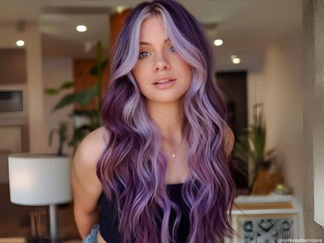 How to Dye Your Hair Purple Like a Pro with Expert Tips Link in bio ➡️ #haircolorinspo #haircoloradvice #colorfulhair Purple Hair With Lilac Money Piece, Dark Purple Hair With Light Purple Money Piece, Two Toned Hair Purple, Purple Dimensional Hair, Plum Hair With Blonde Money Piece, Dark Purple With Light Purple Highlights, Purple Hair With Blonde Money Piece, Dark Purple Hair With Money Piece, Smoky Lavender Hair