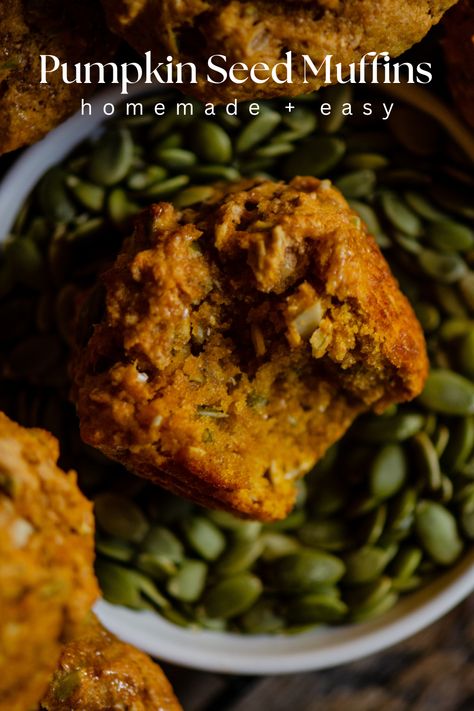 These pumpkin seed muffins are a nutritious way to start your day! Full of protein and healthy fats, they're perfect for a breakfast option or mid-day snack. Pumpkin Snacks For Kids, Pumpkin Seed Muffins, Pumpkin Seed Butter Recipes, Pumpkin Snacks, Homemade Pumpkin Seeds, Healthy Fall Snacks, Pumpkin Seeds Recipe, Recipes With Pumpkin, Shelled Pumpkin Seeds