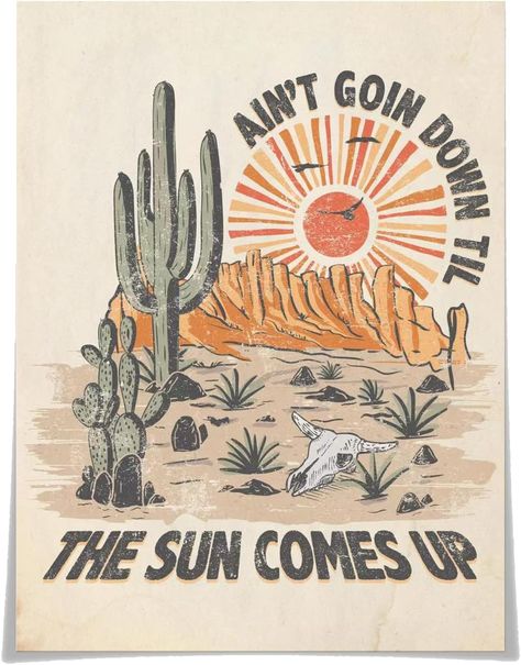 Aint Goin Down Til The Sun Comes Up Western Canvas Wall Art Vintage Abstract Desert Landscape Cactus Botanical Plants Posters Country Cowgirl Prints Painting Westfall Decor 12x16in Unframed Cowgirl Prints, Landscape Cactus, Western Canvas, Country Cowgirl, Botanical Plants, Goin Down, Desert Vibes, Cool Sleeves, Desert Landscape