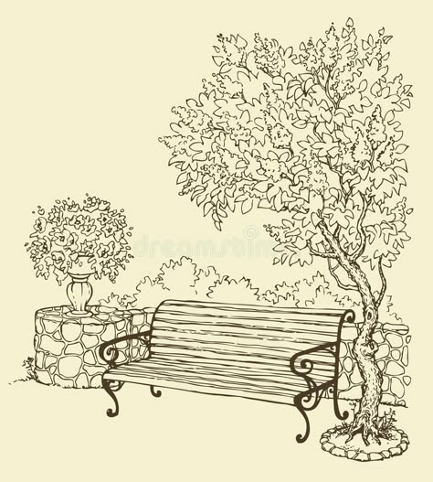 Bush Drawing, Bench Drawing, Landscape Design Drawings, Pen Art Work, Arte Grunge, Seni Dan Kraf, Garden Drawing, Landscape Sketch, Architecture Drawing Art