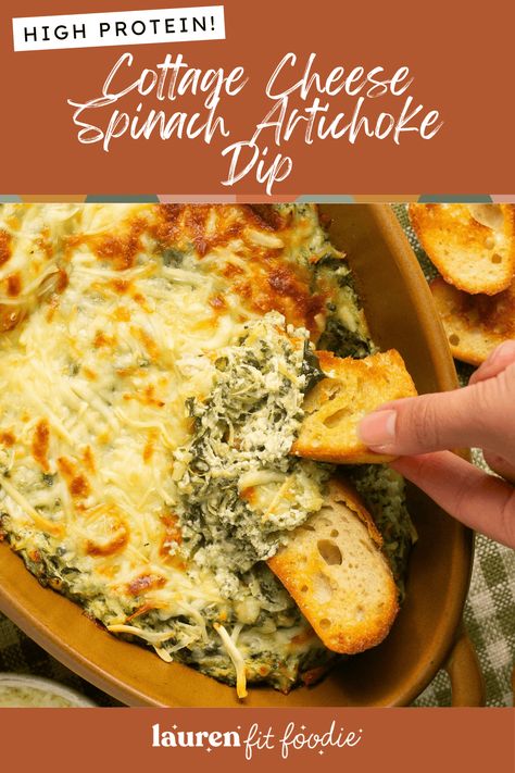 Cottage Cheese Spinach and Artichoke Dip Cottage Cheese Spinach, Healthy Spinach Artichoke Dip, Spinach Cheese Dip, Cottage Cheese Dips, Spinach Artichoke Dip Recipe, Spinach And Artichoke Dip, Artichoke Dip Recipe, Healthy Appetizer, Crostini Recipes