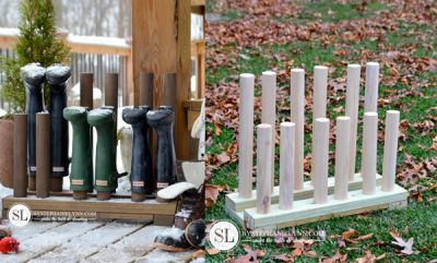 How To Build An Upside Down Rubber Boots Wood Rack  Homesteading  - The Homestead Survival .Com Survival Project, Homesteading Diy, Boot Rack, Boot Storage, Wood Rack, The Homestead, Homestead Survival, Rubber Boot, Rubber Boots