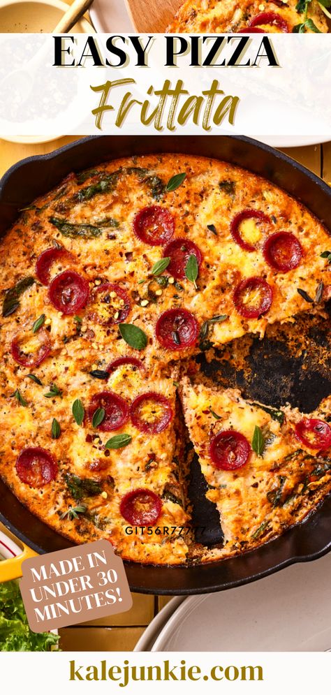 This Easy Pizza Frittata is simple to make and comes together in just 30 minutes! It’s a unique way to have breakfast for dinner. It truly is a delicious frittata that tastes just like a pepperoni pizza! This recipe is also crustless, which means it’s gluten-free too. What’s not to love? Pizza Frittata Recipes, Healthy Breakfast Pizza, Crustless Frittata Recipes, Pizza Frittata, Fritatta Recipe, Pepperoni Recipes, Frittata Recipes, Easy Pizza, Best Gluten Free Recipes