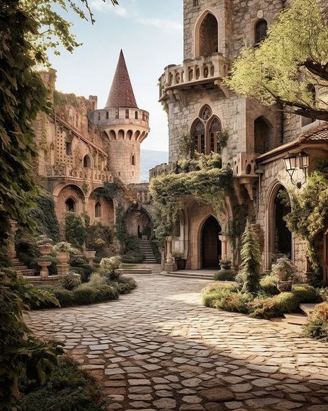 Fairytale Bakery Aesthetic, Magical Castle Aesthetic, Medieval Castle Courtyard, Magic Castle Aesthetic, Fantasy Castle Exterior, Fantasy Castle Garden, Medieval City Aesthetic, House Beesbury, Medieval Fantasy City Art