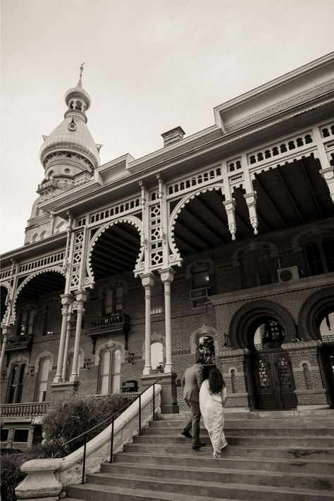 We stopped at one of the most iconic locations in Tampa for Shonali + Ganesh's elopement photos, the Henry B. Plant Museum at the University of Tampa. The iconic staircase and historic ornate architecture was the perfect backdrop for Shonali's wedding Saree. Find more downtown tampa city wedding photo locations at the full blog post. Photos by Tampa Wedding Photographer, R.Weber Photo Downtown Tampa Elopement, University Of Tampa Photoshoot, Downtown Tampa Engagement Photos, Tampa Engagement Photos, Plant Museum, Ornate Architecture, Moody Elopement, Tampa Riverwalk, City Wedding Photos