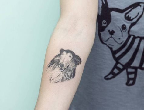 Hand poked collie tattoo on the right inner forearm. Collie Tattoo, Small Animal Tattoos, Animal Tattoos For Men, Animal Tattoos For Women, P Tattoo, Inner Forearm Tattoo, Inner Forearm, Stick N Poke Tattoo, Hand Poked Tattoo