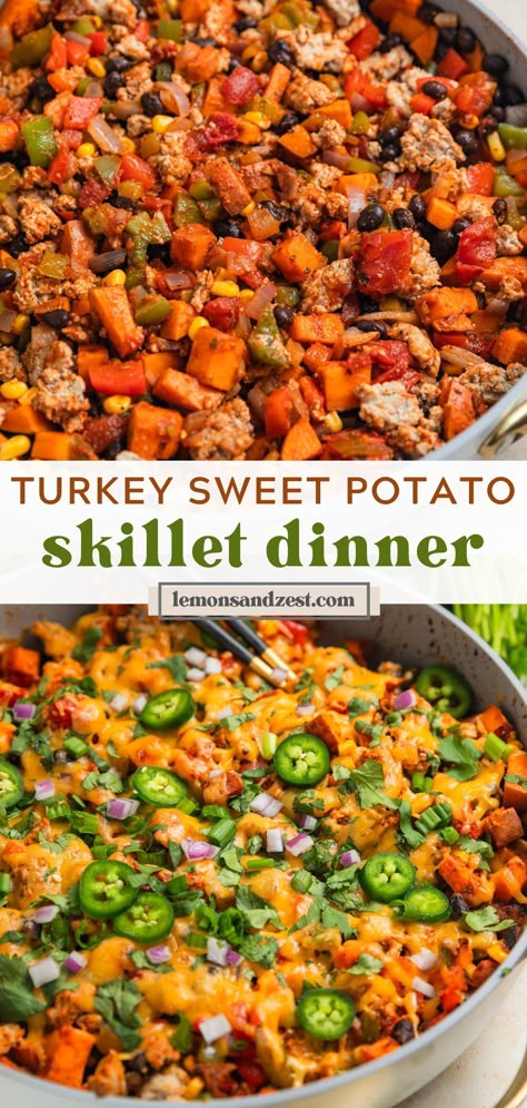 This super simple, Ground Turkey Sweet Potato Skillet Dinner recipe is an easy way to get a hearty, veggie packed dinner on the table. Inspired by everyone's favorite: taco night! This meal is great straight from the pan, in tortillas or with tortilla chips. A perfect on-pan meal everyone will love! Ground Turkey Sweet Potato Taco Skillet, Sweet Potato Taco Skillet, Sweet Potato Turkey Skillet, Turkey And Sweet Potato Recipes, Sweet Potato Ground Turkey, Ground Turkey And Sweet Potato, Ground Turkey Sweet Potato Skillet, Potato Skillet Dinner, Turkey Sweet Potato Skillet