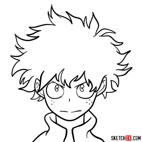 How to draw Deku's face - SketchOk - step-by-step drawing tutorials Deku Hair Drawing Tutorial, Mha Drawings Deku, Easy Deku Drawing, How To Draw Deku, Izuku Midoriya Drawing Easy, Deku Drawing, Monster Truck Coloring Pages, Easy Drawing Guides, Anime Lineart