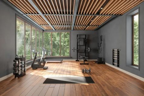 The Best Paint Colors For Your Home Gym - Men's Journal | Home Living Handbook Gym Paint Colors, Home Gym Paint Colors, Basement Living Space, Modern Gym, Bedroom Inspirations Minimalist, Residential Flooring, Gym Room At Home, Gym Interior, Basement Living