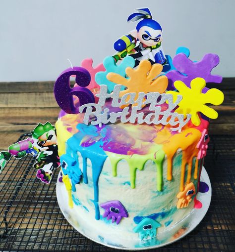 Splatoon Themed Birthday Party, Splatoon Birthday Cake, Splatoon Birthday Party Ideas, Splatoon Food, Splatoon Cake, Splatoon Party, Splatoon Birthday, Neon Birthday Cakes, Art Party Cakes