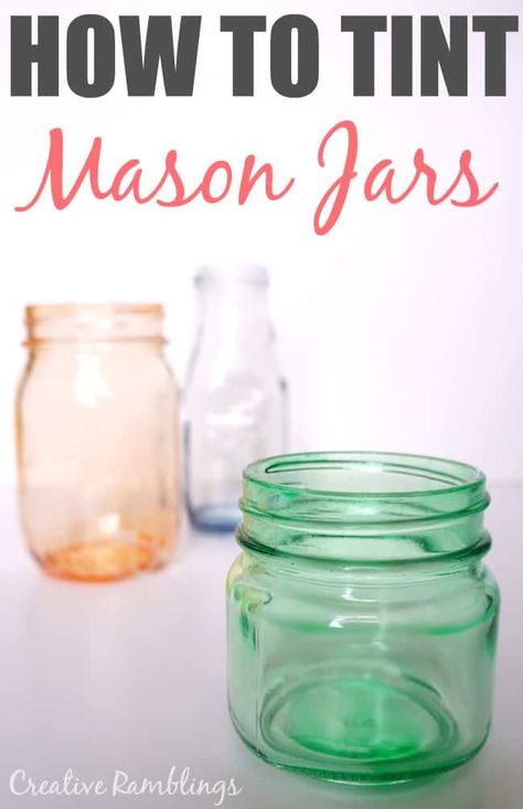 How to Tint Glass Mason Jars Coffee Jar Crafts, Staining Mason Jars, Tinting Glass, Tinted Mason Jars, Mason Jar Diy Projects, Jar Projects, Coffee Jar, Diy Hanging Shelves, Mason Jar Projects