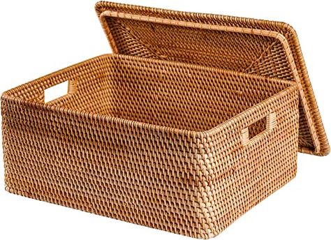 FIYAMMY Rattan Basket With Lid, Large Lidded Basket For Storage Rattan Box(15.3" L×11.4"W×9.5"H) Storage Rattan, Baskets With Lids, Wicker Basket With Lid, Shelf Baskets, Lidded Basket, Seagrass Storage Baskets, Storage Baskets With Lids, Rectangular Baskets, Staircase Makeover