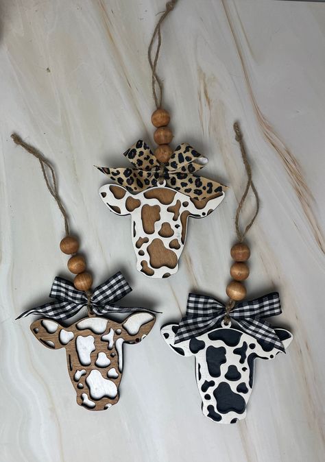 Cow Rear View Mirror Decor, Bead Car Accessories, Cow Print Car Decor, Western Rear View Mirror Decor, Cricut Car Charm, Cow Print Crafts, Wooden Car Charms, Cow Print Decorations, Cow Print Things