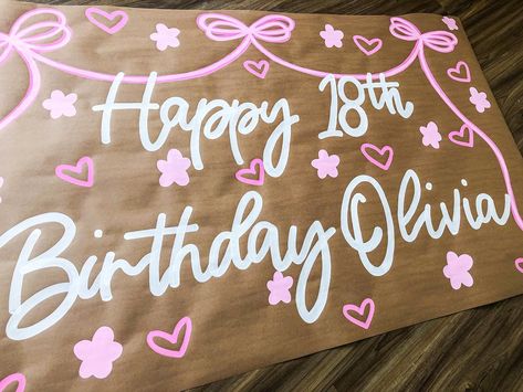 In love with the pinks and bows on this sweet banner!💗✨🌸 Birthday Poster Ideas, 18th Birthday Banner, Birthday Poster Diy, Painted Banners, Big Little Basket, Sweet Sixteen Birthday Party Ideas, Diy Birthday Banner, Birthday Painting, 18th Bday