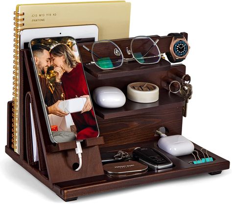 Wood Phone Docking Station, Fathers Day Dad Gifts, Nightstand Organizer Wood for Phone Tablet Earphones Watch Wallet Rings Pens Keys Notebook etc, Gift for Him Men Husband Dad Boyfriend Phone Docking Station, Phone Dock, Nightstand Organization, Watch Organizer, Wooden Desk Organizer, Mens Valentines Gifts, Watch Storage, Valentines Gifts For Boyfriend, Valentines Day Gifts For Him