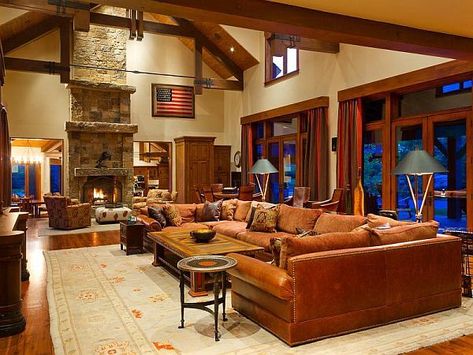 Weber-Canyon-Rd-moutain-property-sofa-fireplace Ranch Home Style, Ranch Style Interior, Mountain Contemporary Home, Colorado Ranch, Family Room Addition, Mansion Designs, Modern Rustic Homes, Ranch Home, Ranch Style Home