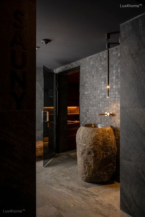 Dark Stone Bathroom, Spa Sink, Stone Sink Bathroom Modern, Stone Sink Bathroom, Pedestal Ideas, Free Standing Basin, Natural Stone Sink Bathroom, Hotel Mountain, Resort Bathroom