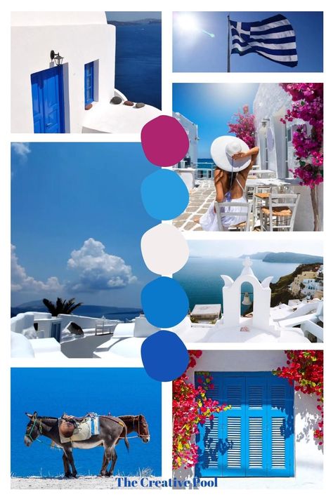 Travel Mood Board Inspiration, Mama Mia Color Palette, Santorini Color Palette, Blue And White Mood Board, Mamma Mia Color Palette, Greece Mood Board, Mamma Mia Nails Ideas, Feminine Mood Board, Greece Travel Aesthetic