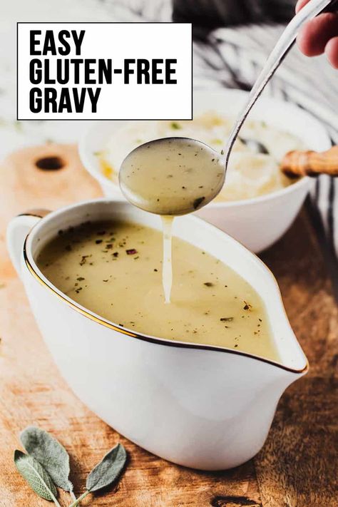 This flexible gravy recipe is perfect for all of your gluten-free gravy needs from Thanksgiving turkey to weeknight mashed potatoes and everything in between! It only takes about 5 minutes and three main ingredients: rice flour, broth, and butter or pan drippings! This GF gravy recipe can make chicken, turkey, beef, or even sawmill gravy! I will show you how to change the ingredients for the gravy you want! Gluten Free Gravy Recipe, Gluten Free Chicken Broth, Sawmill Gravy, Turkey Gravy From Drippings, Gravy From Scratch, Gluten Free Gravy, Gluten Free Thanksgiving Recipes, Gluten Free Turkey, Gluten Free Stuffing