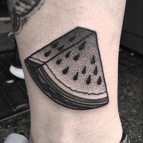 A dot-work style black tattoo of a watermelon slice inked on the right ankle Sarah Tattoo, Watermelon Tattoo, Le Tattoo, Ankle Tattoo Designs, Upper Arm Tattoos, Stick N Poke Tattoo, Watermelon Slice, Floral Tattoo Sleeve, Traditional Tattoo Art