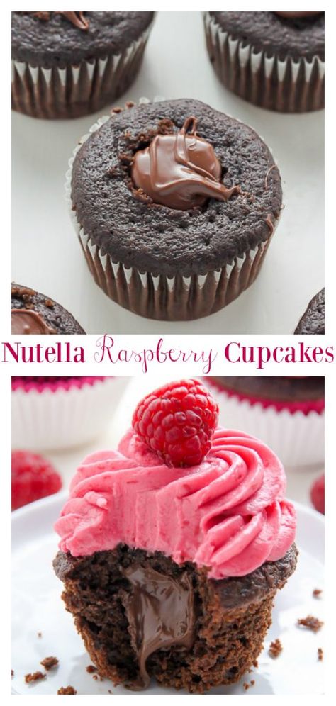 Chocolate Cupcakes Frosting, Stuffed Chocolate Cupcakes, Nutella Raspberry, Nutella Muffin, Homemade Cupcake Recipes, Chocolate Raspberry Cupcakes, Chocolate Cupcakes Filled, Raspberry Frosting, Nutella Cupcakes