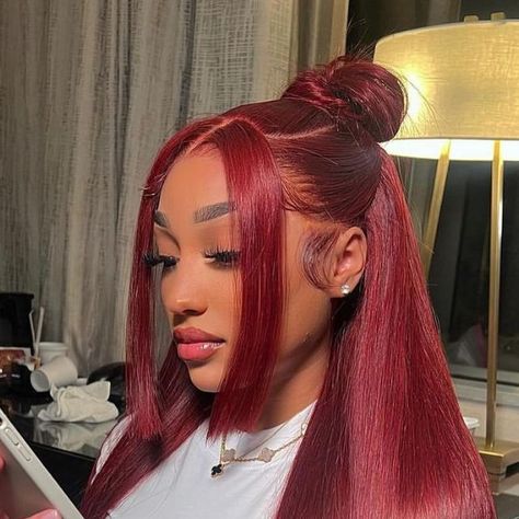 Black Woman Red Hair, Red Hairstyles, Sleek Ponytail Hairstyles, Frontal Wig Hairstyles, Hair Streaks, Quick Weave Hairstyles, Frontal Hairstyles, Pretty Hair Color, Deep Wave Hairstyles