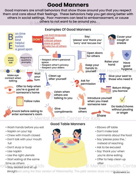 All About Good Manners Handout for Kids and Teens Manners Activities, Life Skills For Children, Being On Time, Therapeutic Interventions, Proper Etiquette, Manners For Kids, Counseling Worksheets, Teaching Manners, Values Education