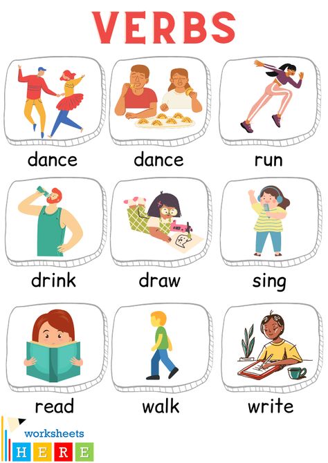 Verbs with Pictures in English, 100 Action Verbs with Pictures - WorksheetsHere.com Types Of Verbs, Verbs List, Action Verbs, The Sentence, English Verbs, Action Words, English Class, Modern Bathroom, Vocabulary