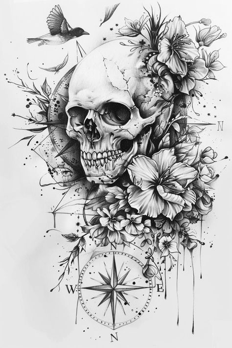 Pretty Skull Tattoos, Shoulder Piece Tattoo, Impactful Art, Meaningful Drawing Ideas, Meaningful Drawing, Gotik Tattoo, Tattoo Designs Drawings, Unique Half Sleeve Tattoos, Skull Rose Tattoos