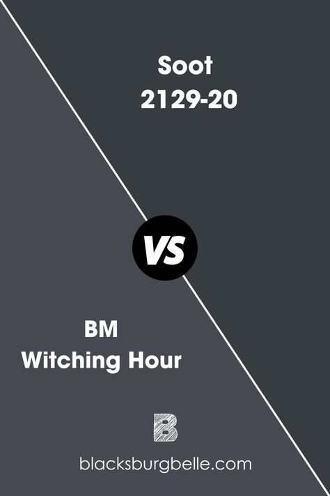 Witching Hour is slightly lighter than Soot, with an LRV of 8.71, although this difference is not immediately apparent when they are apart. Witching Hour Paint Color, Witching Hour Paint, Bm Witching Hour, Witching Hour Benjamin Moore, Mantles Decor, Tan Paint Colors, Goth House, Goth Houses, Black Paint Color