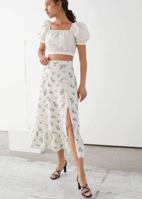 Puff Blouse, Linen Midi Skirt, Skirt Ideas, Skirts Midi High Waisted, Long Skirts, High Fashion Street Style, Fashion Story, Print Skirt, Skirt Design