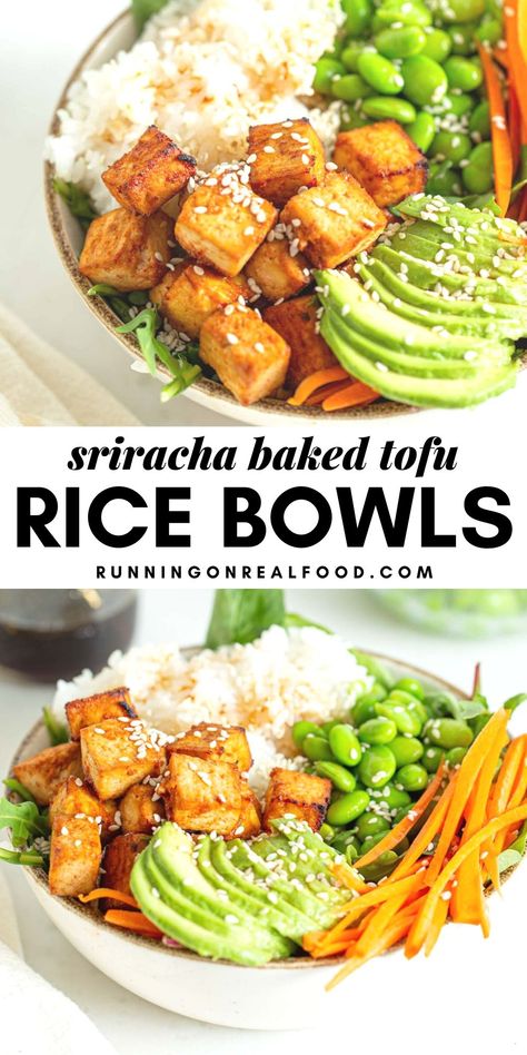 Sriracha Tofu Bowl, Rice And Edamame Bowl, Easy Tofu Bowl, Vegan Tofu Rice Bowl, High Protein Poke Bowl, Edamame Rice Bowl, Poke Bowl Vegetarian, Tofu Lunch Ideas, Vegetarian Poke Bowl