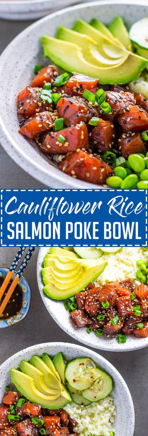 Cauliflower Rice Salmon Poke Bowl - Lean Green Nutrition Fiend Green Nutrition, Salmon Poke Bowl, Rice Salmon, Veggie Bowls, Poke Bowl Recipe, Salmon Poke, Garlic Butter Salmon, Poke Bowls, Cauliflower Rice Recipes