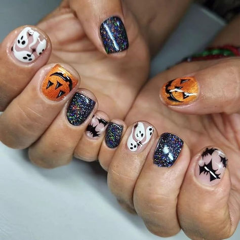 Halloween Press on Nails Short Square Fake Nails Pumpkins Bat Glitter False Nails Design Glue on Nails Black Orange Full Cover Halloween Ghost Artificial Nails for Women Nails Manicure Decor 24 Pcs Nagellack Trends, Halloween Press On Nails, Short Fake Nails, Press On Nails Short, Nagel Tips, Manicure Diy, Nails For Women, Nail Swag, Halloween Nail Designs