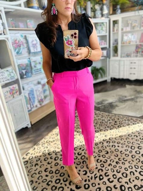 Hot Pink Pants Outfit Work, How To Style Pink Pants, Hot Pink Pants Outfit, Pink Pants Outfit Work, 2023 Workwear, Pink Pants Outfit, Slacks Outfit, Pants Outfit Work, Hot Pink Pants