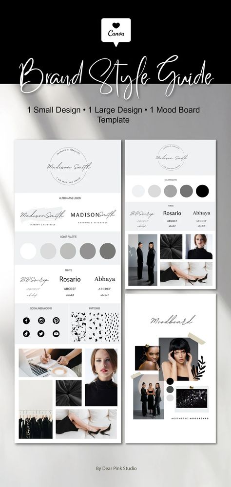 Brand Style Guide and Mood Board Design Template Canva Brand | Etsy Serbia Branding Mood Board Inspiration, Mood Board Fashion Inspiration, Style Guide Template, Brand Board Template, Boutique Logo Design, Business Branding Inspiration, Style Guide Design, Business Fonts, Best Website Design