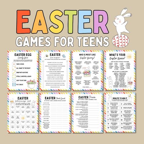 Make your Easter party for teens a memorable one with this ultimate game set! Packed with excitement, it features classic favorites like Would You Rather, Easter Trivia, Scattergories and Charades. Plus, add extra fun with the selfie scavenger hunt and Easter Scattergories. Don't forget about Bonus Games for entire family! Get ready for endless laughs and magic-filled moments that your teens won't forget! Teen Easter Hunt Clues, Easter Egg Hunt For Teens, Easter Games For Teens, Easter Activities For Teens, Indoor Easter Games, Easter Scavenger Hunt For Teens, Indoor Egg Hunt, Easter Charades, Selfie Scavenger Hunt