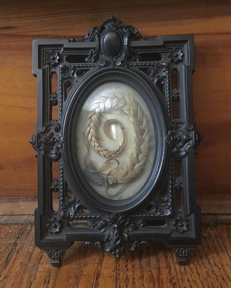 Trent on Instagram: “this little victorian mourning gem-- a simple spiral worked braid of straw-blonde hair-- wins the "most beautiful frame award" in my…” Victorian Hair Art, Home Aesthetic Dark, Hair Art Victorian, Woman Transformation, Victorian Hair Wreath, Teeth Oddity, Victorian Hair Jewelry Memento Mori, Ornate Gothic Frame, Deadly Nightshade