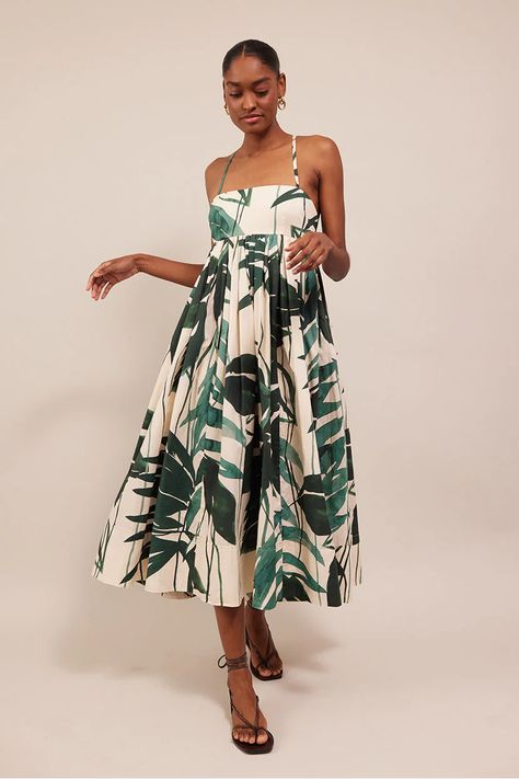 Our Latest Dress Silhouette Boasts An Empire Waist And A Chic Self-Tie Back Leaf Print Dress, Leaves Print Dresses, Dress Fitted, Girl House, Dress Silhouette, Midi Length Dress, Cotton Voile, Short Jumpsuit, Knit Set