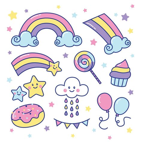 Sweet and Cute Rainbow Sticker Set Rainbow Vector, Magical Girl Aesthetic, Cute Vector, Vector Art Design, Hama Beads Patterns, Cute Rainbow, Rainbow Theme, Rainbow Stickers, Kawaii Doodles