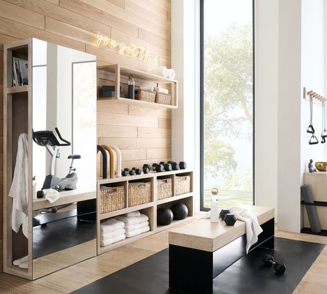 Gym Storage Ideas, Home Gym Basement, Home Gym Storage, Small Home Gym, Wellness Room, Workout Room Home, Desain Pantry, Basement Gym, Gym Room At Home