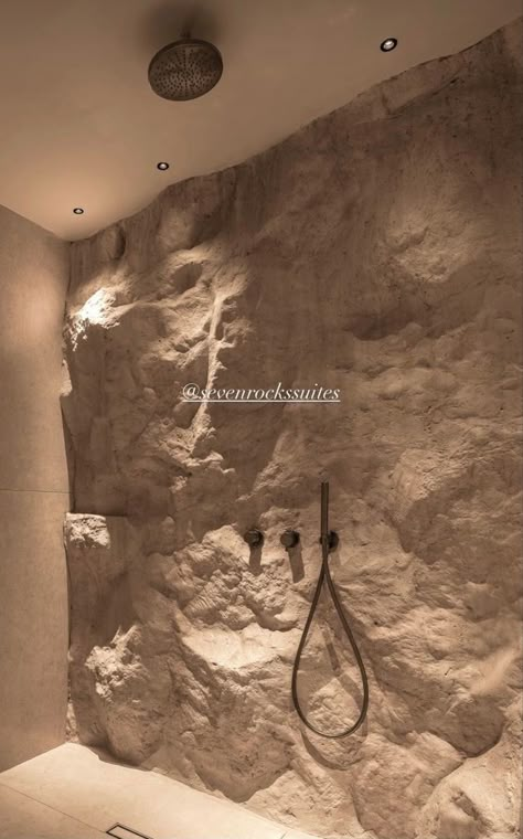 Rock Wall In House, Cave Bathroom Design, Shower Cave, Modern Stone Bathroom, Stone Shower Ideas, Stone Bathroom Wall, Stone House Interior, Bathroom Rock, Sauna Aesthetic