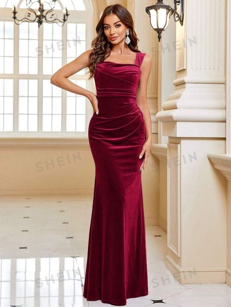 SHEIN Belle Bridesmaid Dress With Wide Straps, Ruffles, Mermaid Silhouette, And Velvet Fabric | SHEIN USA Wine Red Bridesmaid Dress, Velvet Burgundy Dress, Wine Red Bridesmaid Dresses, Bridesmaid Dresses Red, Dark Red Bridesmaid Dresses, Red Bridesmaid Dress, Bridesmaid Dresses Long Lace, Latest Bridesmaid Dresses, Dr Wardrobe