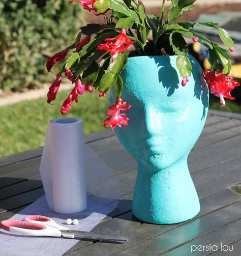 Diy Head Planter, Styrofoam Head Planter, Styrofoam Art, Styrofoam Crafts, Yard Art Crafts, Styrofoam Head, Flower Pot People, Girly Decor, Foam Head