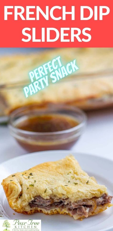 French Dip Sliders are the best baked game day treat! Skip the Hawaiian rolls and try these crescent roll sheets for a flaky crust around juicy roast beef and melty provolone. #gameday #tailgating Roast Beef Crescent Rolls Au Jus, Cresent Roll French Dip Ring, Crescent Roll Roast Beef Sandwiches, Beef Croissant Recipe, French Dip Roll Ups, French Dip Appetizer, Crescent Roll Sliders, French Dip Crescent Braid, Crescent Roll French Dip